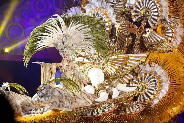 Candidate Cecilia Navarro Arteaga dressed as the fantasy “Arena blanca del desierto” (White Sand of the Desert) during the Carnival's Queen contest gala, at the Exhibition Site of Santa Cruz de Tenerife in Canary Islands, Spain, 03 February 2016. (Photo by Ramon De La Rocha/EPA)