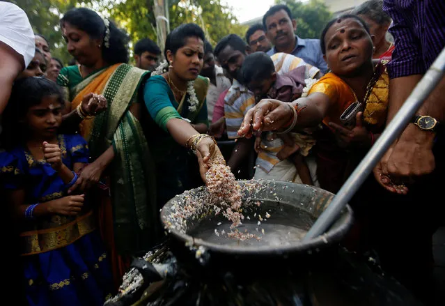 Tamil devotees cook pongal during the Tamil harvest festival of Thai Pongal at a Hindu temple in Colombo, Sri Lanka January 14, 2017. (Photo by Dinuka Liyanawatte/Reuters)
