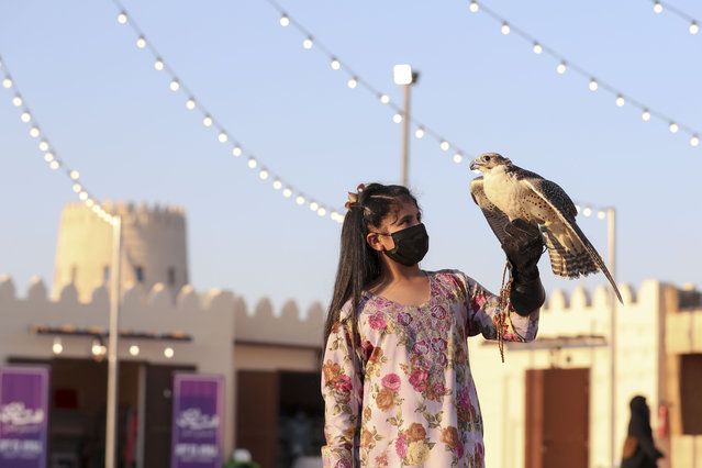 Alia Obaid, 8, from Madinat Zayed has a great love for falcons, and trains with them often at Al Dhafra Festival, Abu Dhabi on January 13, 2022. (Photo by Khushnum Bhandari/The National)