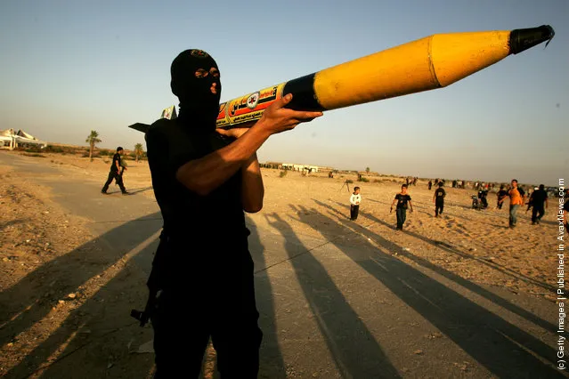 A rocket, similar to the Al-Qassam rockets used against Israeli is prepared for launch