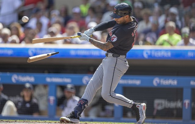 Cleveland Guardians' Brayan Rocchio (4) breaks a bat at the plate in the top of the sixth inning of a baseball game against the Minnesota Twins in Minneapolis, Minn., Sunday, August 11, 2024. (Photo by Elizabeth Flores/Star Tribune via AP Photo)