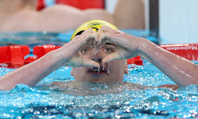 Australia's Callum Simpson celebrates winning the men's 100 freestyle S8, at the Paris La Défense Arena, during the 2024 Paris Paralympics, Friday, September 6, 2024, in Paris, France. (Photo by Jackson Ranger/AP Photo)