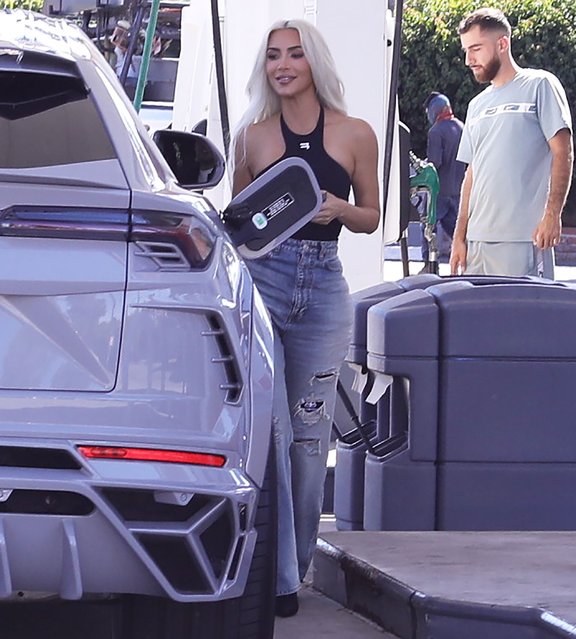 American socialite Kim Kardashian is seen filling at her Lamborghini Urus at the gas station and grabs some food at McDonalds in Los Angeles on May 15, 2022. (Photo by The Mega Agency)