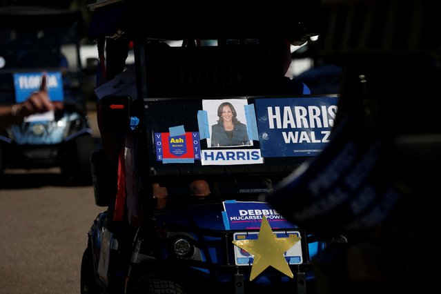 Stickers in support of Kamala Harris are pictured during a golf cart rally in the retirement community of The Villages, Florida, on October, 14, 2024. (Photo by Octavio Jones/Reuters)