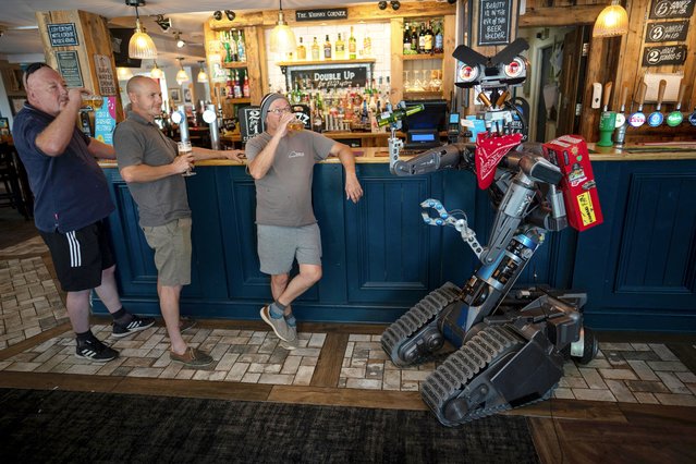 Workmen have a pint with Johnny 5. Ryan Howard and his fully working replica robot of Johnny 5 heads for a pint in Mansfield, Nottinghamshire on August 17, 2023. A film-fanatic has spent six years building a fully-functioning replica of movie robot Johnny 5 from Short Circuit - which he even takes down his local pub. Ryan Howard, 34, has forked out over £20,000 recreating the android from the cult 1986 film in his garage at his home in Annesley, Notts. He reckons his 200kg (31 stone) creation is “99 per cent true” to the original robot and is one of only two fully-working Johnny 5's in the world. (Photo by Tom Maddick/South West News Service)