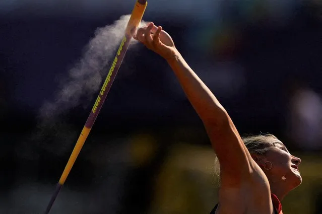 Turkey's Eda Tugsuz competes in the women's javelin throw qualification during the World Athletics Championships at Hayward Field in Eugene, Oregon on July 20, 2022. (Photo by Kai Pfaffenbach/Reuters)