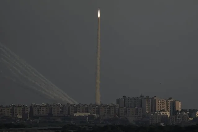 Rockets are launched from the Gaza Strip towards Israel are seen from Israeli side of the border, Sunday, August 7, 2022. (Photo by Ariel Schalit/AP Photo)