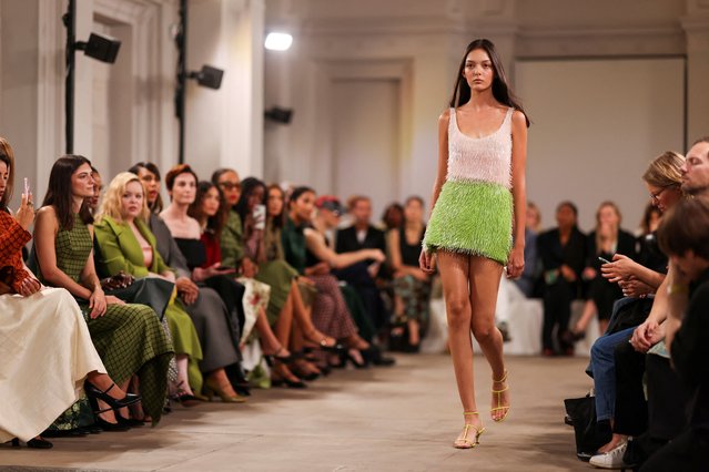 A model presents a creation at the Emilia Wickstead catwalk show during London Fashion Week in London, Britain on September 18, 2023. (Photo by Hollie Adams/Reuters)