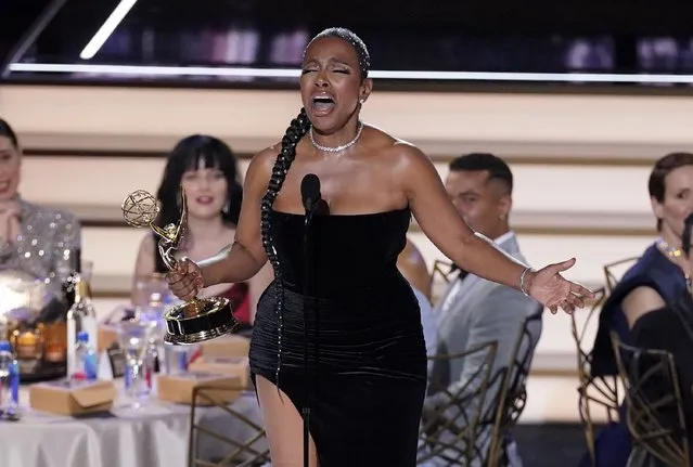 Sheryl Lee Ralph sings as she accepts the Emmy for outstanding supporting actress in a comedy series for “Abbott Elementary” at the 74th Primetime Emmy Awards on Monday, Septembere 12, 2022, at the Microsoft Theater in Los Angeles. (Photo by Mark Terrill/AP Photo)