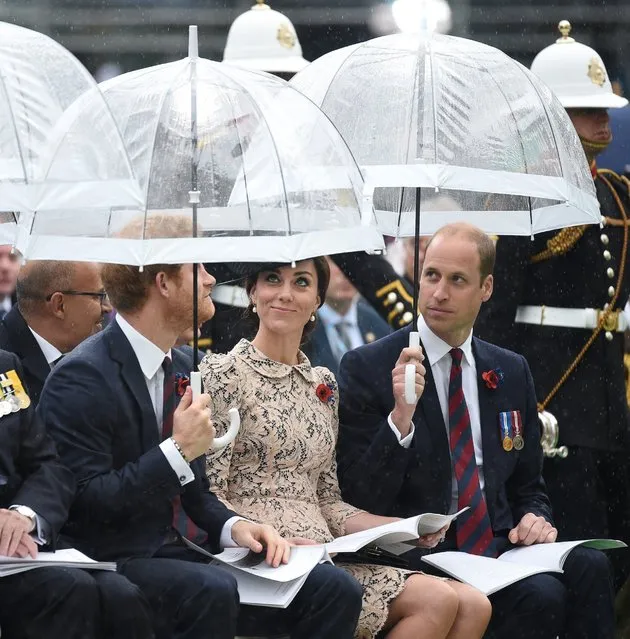 Prince Harry and the Duke and Duchess of Cambridge attend a service to mark the 100th anniversary of the start of the Battle of the Somme at the Commonwealth War Graves Commission Memorial in Thiepval, France, July 1, 2016. (Photo by Andrew Matthews/WPA Rota/Nunn Syndication via Polaris)