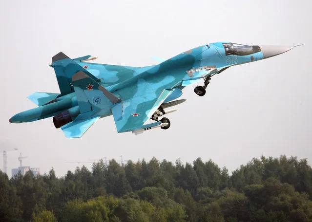A Su 34 Fullback fighter bomber at the MAKS 2007 International Aviation and Space Show in Zhukovsky, Russia. (Photo by Alamy Stock Photo)