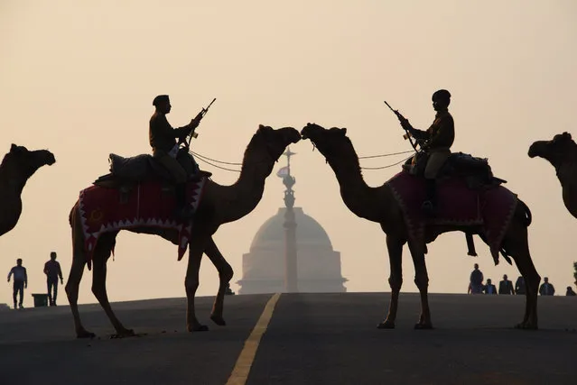 Indian soldiers ride camels during a rehearsal for the “Beating the Retreat” ceremony in New Delhi on January 19, 2018 ahead of India's Republic Day celebrations. The ceremony is a culmination of Republic Day celebrations and dates back to the days when troops disengaged themselves from battle at sunset. (Photo by Dominique Faget/AFP Photo)