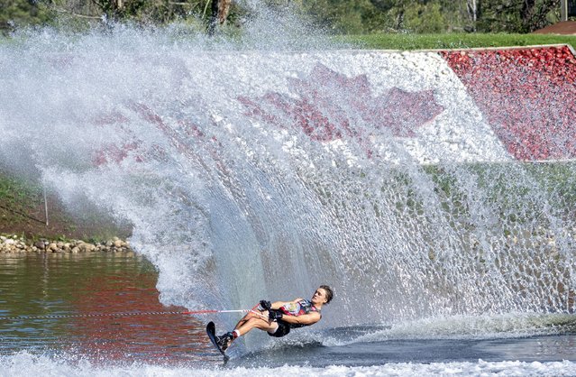 Jacob Chambers of Canada slaloms during the men's preliminary event at the 2025 IWWF World U21 Water Ski Championships at Predator Bay Water Ski Club on July 31, 2025 in Calgary, Alberta, Canada. (Photo by Johnny Hayward/Getty Images)