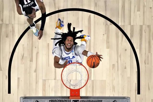 UCLA's Tyger Campbell goes up for a shot in the first half of a Sweet 16 college basketball game against Gonzaga in the West Regional of the NCAA Tournament, Thursday, March 23, 2023, in Las Vegas. (Photo by John Locher/AP Photo)