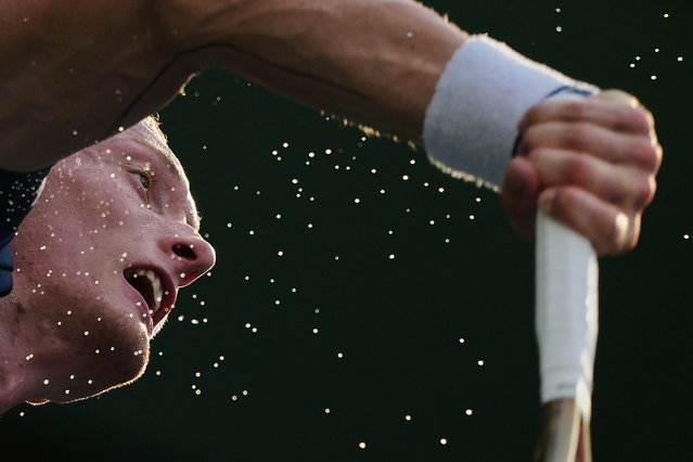 Jiri Lehecka, of the Czech Republic serves against Denis Shapovalov, of Canada during the men's singles match of the Shanghai Masters tennis tournament at Qizhong Forest Sports City Tennis Center, in Shanghai, China, Monday, October 6, 2025. (Photo by Andy Wong/AP Photo)