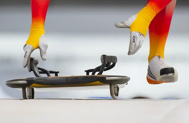 Christopher Grotheer of Germany starts during the men Skeleton competition at the Bobsleigh and Skeleton World Championships in Altenberg, eastern Germany, Thursday, February 27, 2020. (Photo by Jens Meyer/AP Photo)