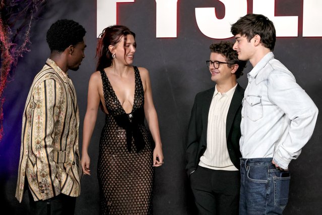Caleb McLaughlin, Millie Bobby Brown, Noah Schnapp, and Gaten Matarazzo attend Netflix's “Stranger Things” FYC Event at Netflix Tudum Theater on November 08, 2025 in Los Angeles, California. (Photo by Rodin Eckenroth/Getty Images)