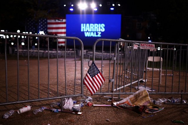 A flag is left at the event held by Democratic presidential nominee U.S. Vice President Kamala Harris during Election Night, at Howard University, in Washington, U.S., November 6, 2024. (Photo by Daniel Cole/Reuters)