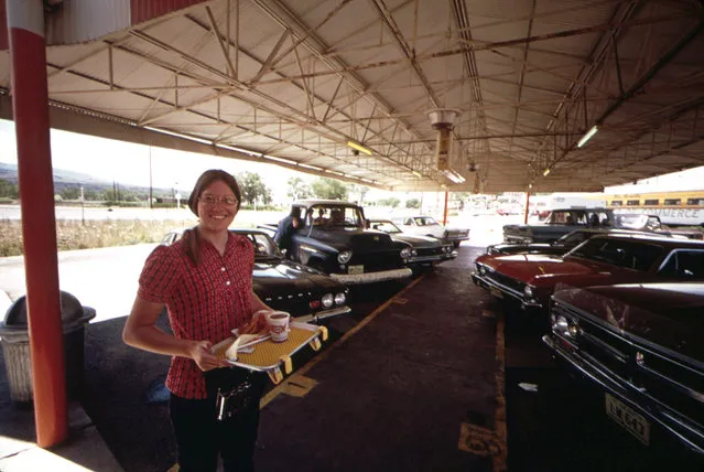 A waitress at the local A&W Drive-In is saving her earnings for out-of-town schooling, July 1973. (Photo by David Hiser/NARA via The Atlantic)