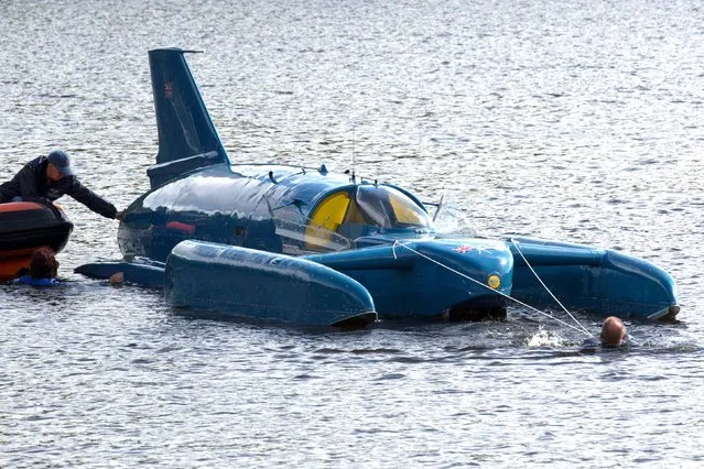 The restored Bluebird K7, which crashed killing Donald Campbell in 1967, takes to the water for the first time in more than 50 years off the Isle of Bute on the west coast of Scotland on August 4, 2018. K7 was the first successful jet-powered hydroplane, and was considered revolutionary when launched in January 1955. Campbell and K7 were responsible for adding almost 100 miles per hour (160 km/h) to the WSR, taking it from existing mark of 178 miles per hour (286 km/h) to just over 276 miles per hour (444 km/h). (Photo by David Cheskin/PA Images via Getty Images)