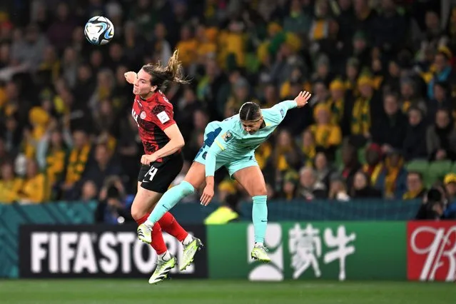 Vanessa Gilles of Canada anmd Kyra Cooney-Cross of Australia during the FIFA Women's World Cup 2023 soccer match between Canada and Australia at Melbourne Rectangular Stadium in Melbourne, Monday, July 31, 2023. (Photo by Joel Carrett/AAP Image)