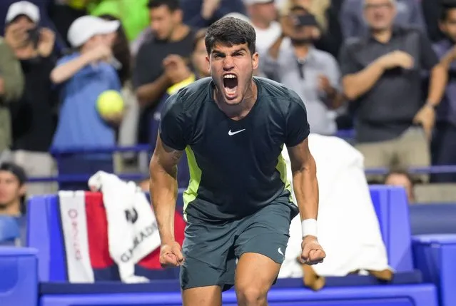 Spain's Carlos Alcaraz celebrates his win over Poland's Hubert Hurkacz during the National Bank Open men’s tennis tournament Thursday, August 10, 2023, in Toronto. (Photo by Mark Blinch/The Canadian Press via AP Photo)