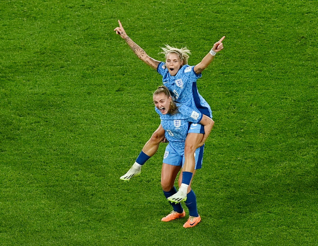 England's Georgia Stanway and Rachel Daly celebrate after the match as England progress to the final of the World Cup over Australia in Sydney, Australia on August 16, 2023. (Photo by Jaimi Joy/Reuters)