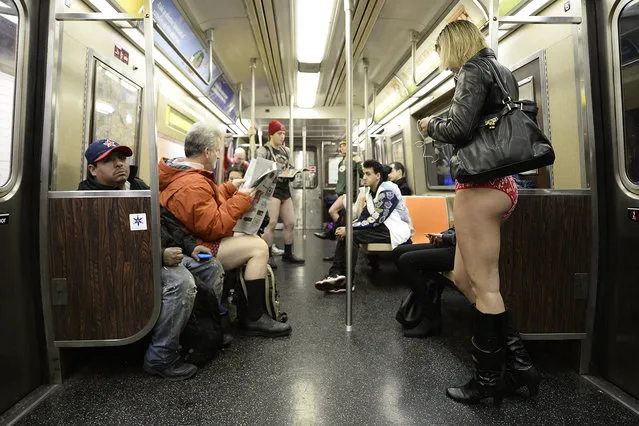 NYC no pants subway ride. Thousands of straphangers took their pants off for the 15th annual "No Pants Subway Ride" hosted by Improv Everywhere. People gathered at seven meeting points throughout the five boroughs at 3PM. All participants met up at Union Square around 5PM to and had a pant-less celebration and the afterparty at Webster Hall. (Photo by Paul Martinka/The New York Post)