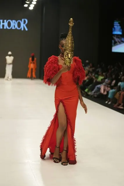A model wears a creation by Oshobor during the Lagos Fashion Week in Lagos, Nigeria, Thursday, October 26, 2023. (Photo by Sunday Alamba/AP Photo)