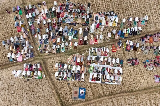 Muslims attend mass prayers requesting for rains, at a dried ricefield due to extreme season, in Ciamis, West Java province, Indonesia on October 18, 2023. (Photo by Adeng Bustomi/Antara Foto via Reuters)