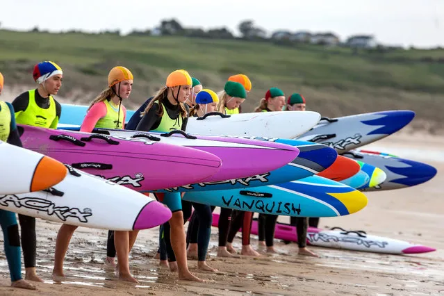 Hayle Surf Live Saving Club competition at Hayle in Cornwall on May 17, 2023. Competitors swam, paddled a rescue board and paddled a long ski around a course marked out by buoys. (Photo by Mike Newman/Picture Exclusive)