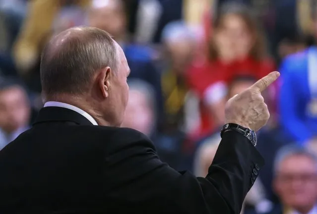 Russian President Vladimir Putin gestures during his annual news conference in Moscow, Russia, Thursday, December 14, 2023. (Photo by Vladimir Gerdo, Sputnik, Kremlin Pool Photo via AP Photo)