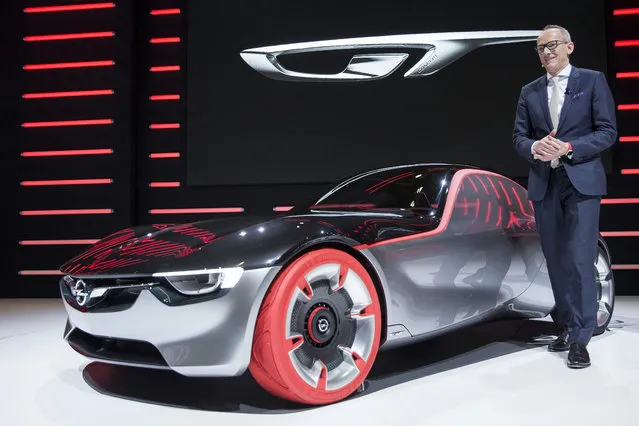 The Opel CEO Karl-Thomas Neumann presents the new concept car Opel GT Concept at the 86th International Motor Show in Geneva, Switzerland, Tuesday, March 1, 2016. (Photo by Cyril Zingaro/Keystone via AP Photo)