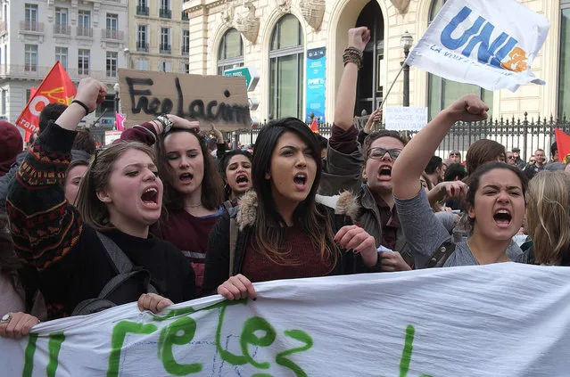 Marseille high scholl pupils called by youth organizations demonstrate on March 9, 2016, in Marseille, to protest the government's planned deeply unpopular labour reforms. France faced a wave of protests today against deeply unpopular labour reforms that have divided an already-fractured Socialist government and raised hackles in a country accustomed to iron-clad job security. (Photo by Boris Horvat/AFP Photo)