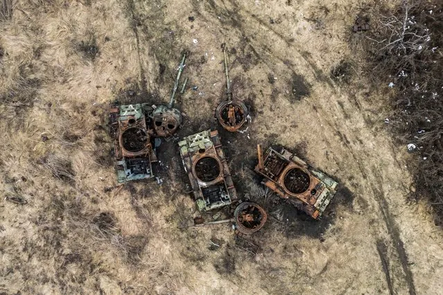 Destroyed Russian tanks are seen near the village of Bohorodychne, amid Russian attack on Ukraine, in Donetsk region, Ukraine on February 13, 2024. (Photo by Vladyslav Musiienko/Reuters)