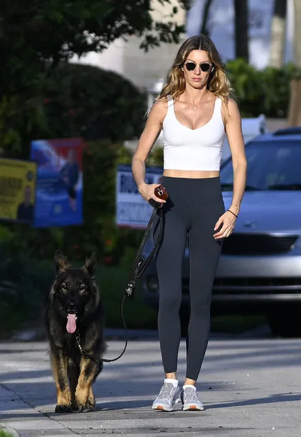 Brazilian supermodel Gisele Bündchen looks ripped in a tank top showing her midriff while walking her German Shepherd in Surfside, Florida on March 16, 2024. (Photo by The Mega Agency)