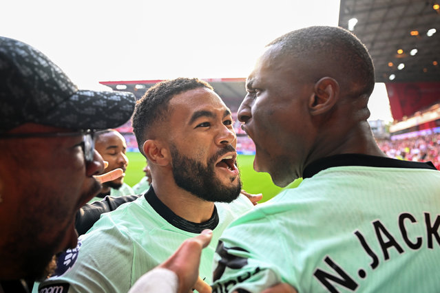 Nicolas Jackson of Chelsea celebrates scoring his team's third goal with teammate Reece James during the Premier League match between Nottingham Forest and Chelsea FC at City Ground on May 11, 2024 in Nottingham, England. (Photo by Michael Regan/Getty Images)