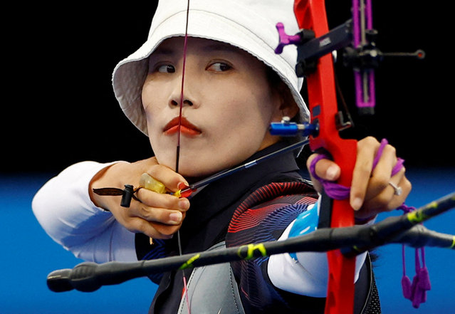 Chunyan Wu of China in action during her match against Pooja of India in women's individual recurve open in Paris, France on September 3, 2024. (Photo by Maria Abranches/Reuters)