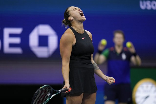 Aryna Sabalenka, of Belarus, reacts against Emma Navarro, of the United States, during the women's singles semifinals of the U.S. Open tennis championships, Thursday, September 5, 2024, in New York. (Phoot by Seth Wenig/AP Photo)