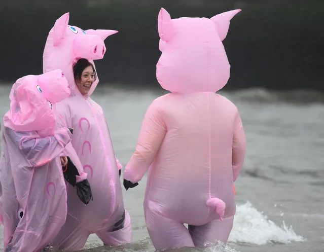 Swimmers wearing fancy dress costumes take part in the annual New Year's Day Swim, in Saundersfoot, Wales, Britain on January 1, 2020. (Photo by Rebecca Naden/Reuters)