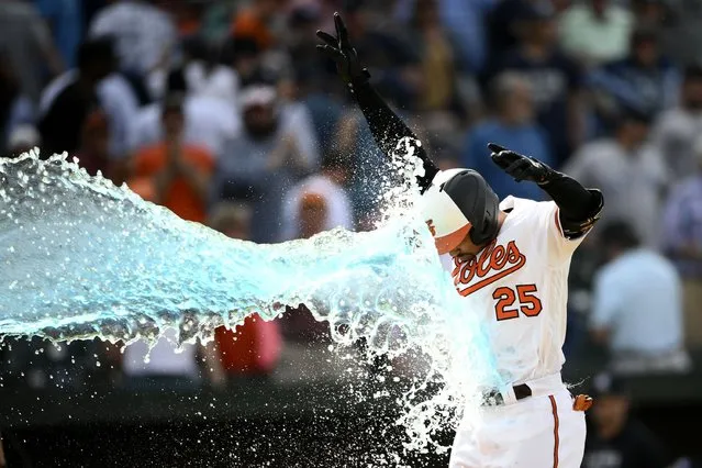 Baltimore Orioles’ Anthony Santander celebrates as he heads home on his three-run walk off home run during the ninth inning of a baseball game against the New York Yankees, Thursday, May 19, 2022, in Baltimore. The Orioles won 9-6. (Photo by Nick Wass/AP Photo)
