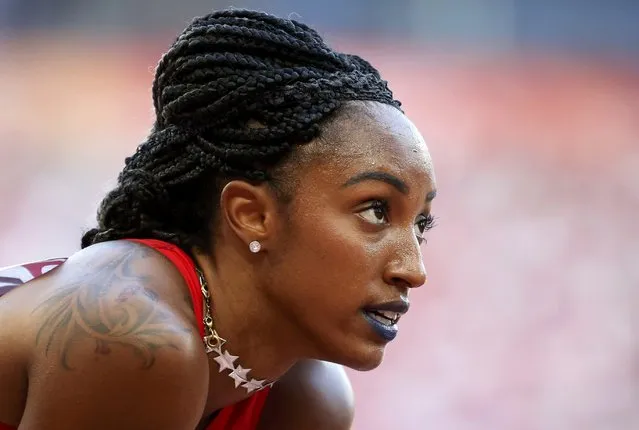 Brianna Rollins of the U.S. reacts after competing in the women's 100 metres hurdles heats during the 15th IAAF World Championships at the National Stadium in Beijing, China August 27, 2015. (Photo by Lucy Nicholson/Reuters)