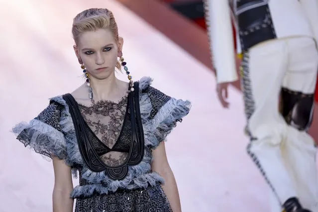 A model wears a creation for the Louis Vuitton ready-to-wear Spring/Summer 2023 fashion collection presented Tuesday, October 4, 2022 in Paris. (Photo by Vianney Le Caer/Invision/AP Photo)