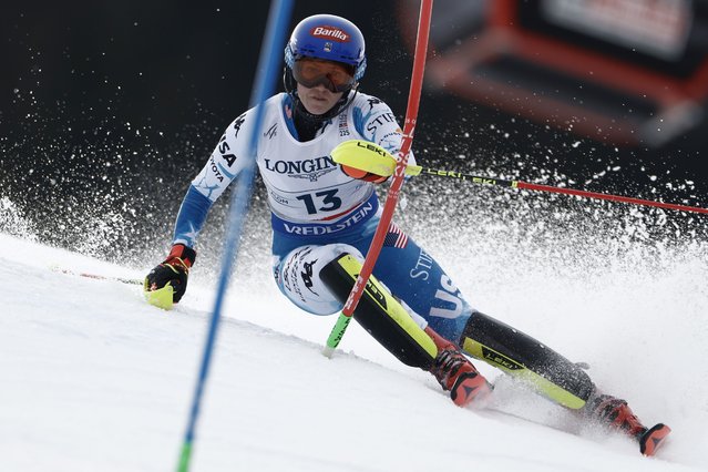 United States' Mikaela Shiffrin competes in a slalom run of a women's team combined event, at the Alpine Ski World Championships, in Saalbach-Hinterglemm, Austria, Tuesday, February 11, 2025. (Photo by Giovanni Auletta/AP Photo)