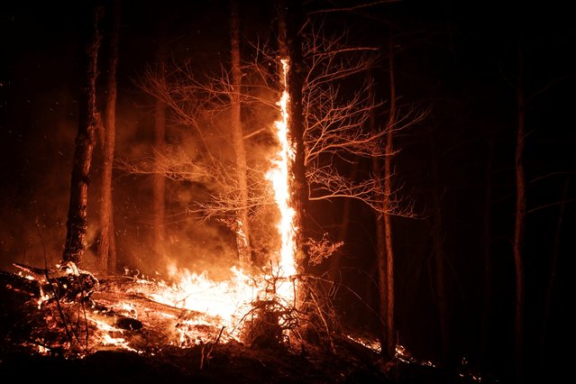 A wildfire spreads in Andong on March 26, 2025. At least 18 people have been killed in one of South Korea's worst wildfire outbreaks, with multiple blazes burning and causing “unprecedented damage”, the acting president said. (Photo by Yasuyoshi Chiba/AFP Photo)