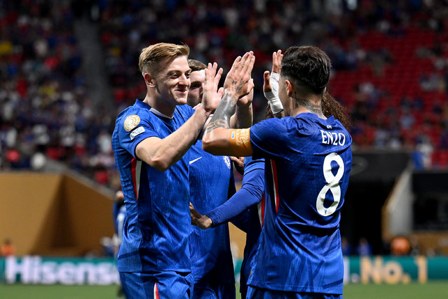 Enzo Fernandez #8 of Chelsea FC celebrates scoring his team's second goal with Liam Delap #9 during the FIFA Club World Cup 2025 group D match between Chelsea FC and Los Angeles Football Club at Mercedes-Benz Stadium on June 16, 2025 in Atlanta, Georgia. (Photo by Darren Walsh/Chelsea FC via Getty Images)