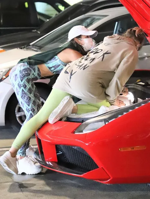 American actress Vanessa Hudgens stuffs her Ferrari after early holiday shopping at the mall in West Hollywood on November 24, 2020. (Photo by APEX/The Mega Agency)