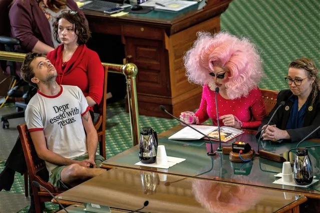 ATX Drag Queen Brigitte Bandit gives testimony in the Senate Chamber at the Texas State Capitol on March 23, 2023 in Austin, Texas. People across the state of Texas showed up to give testimony as proposed Senate bills SB12 and SB1601, which would regulate drag performances, were discussed before the Chamber. (Photo by Brandon Bell/Getty Images)
