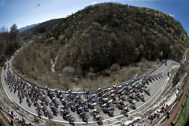 A picture taken with an ultra wide angle lens showing the pack of riders in action during the second stage of the Itzulia Basque Country 2023 Vuelta Cycling Tour, of 193.8 kilometers from Viana to Leitza, in Navarra, northern Spain, 04 April 2023. (Photo by Jesus Diges/EPA)