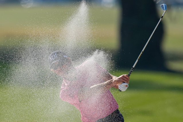 Adam Schenk hits from a bunker on the first hole during the second round of the RSM Classic golf tournament, Friday, November 21, 2025, in St. Simons Island, Ga. (Photo by Mike Stewart/AP Photo)
